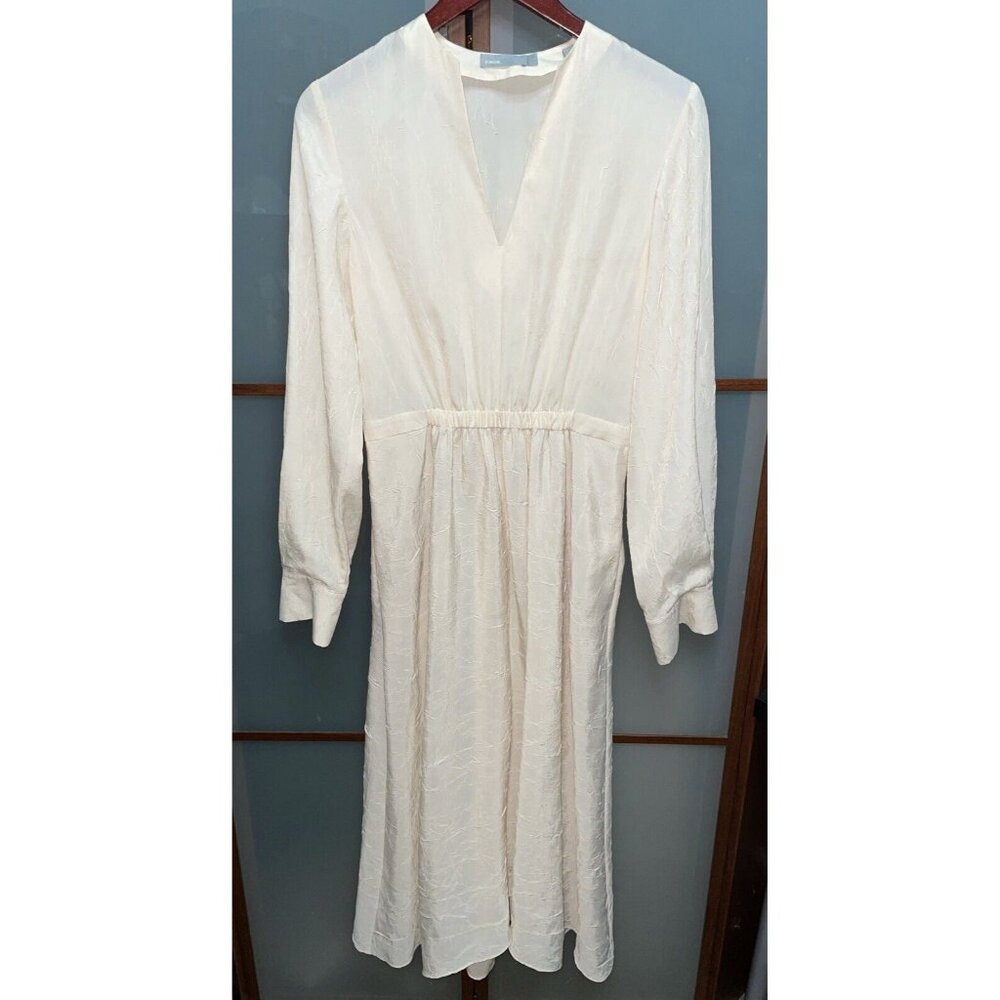 VINCE Poet Womens Beige Textured Midi Long Sleeve V-Neck Flowy Dress Size S